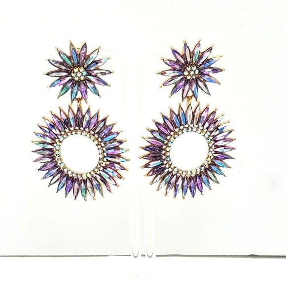 Amethyst Rhinestone Faceted Starburst Floral Statement Gold Tone Post Earrings - Picture 3 of 5
